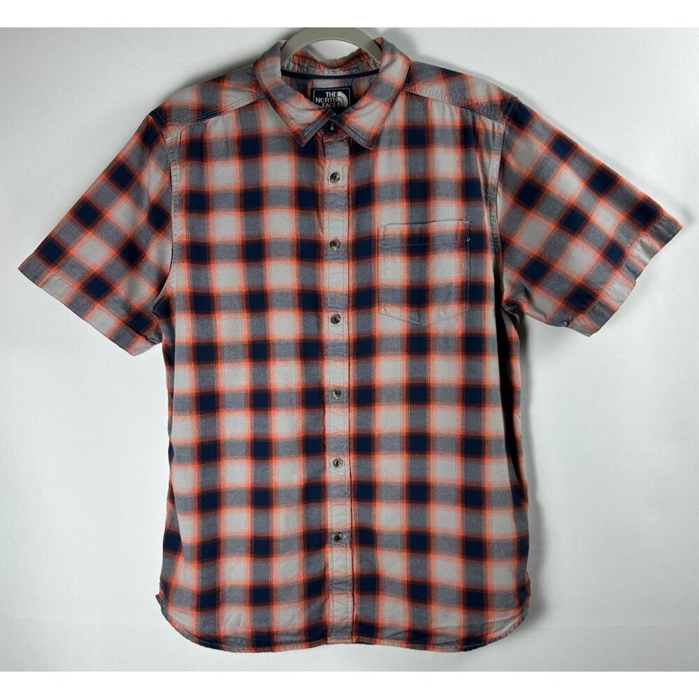 The North Face Plaid Camp Shirt Men's M Orange Blue Short Sleeve Hiking Outdoor